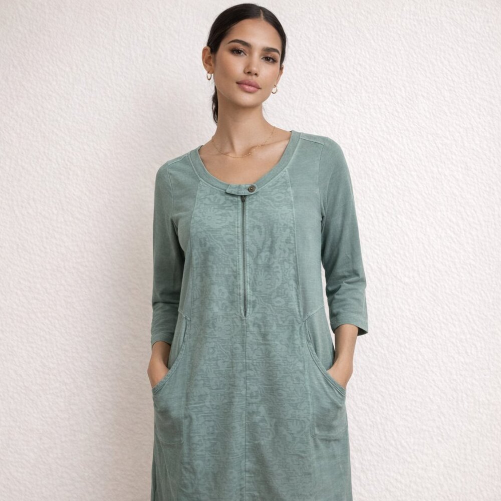 Sandwich boho Prarie Chic Flirty embroidered cotton moto zipper 3/4 sleeve dress